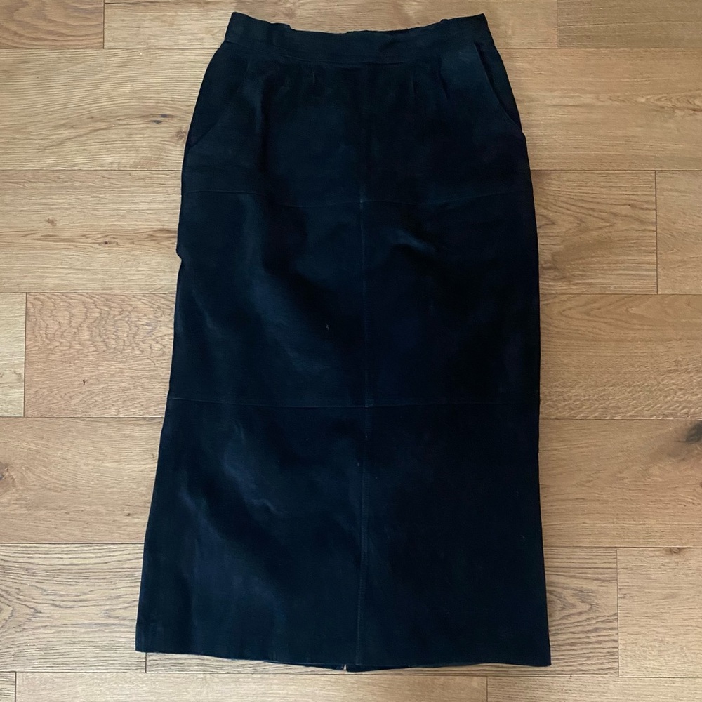 Vintage J. Christopher Black Suede Midi Skirt Sz 8 100% Pig Suede 33” Long